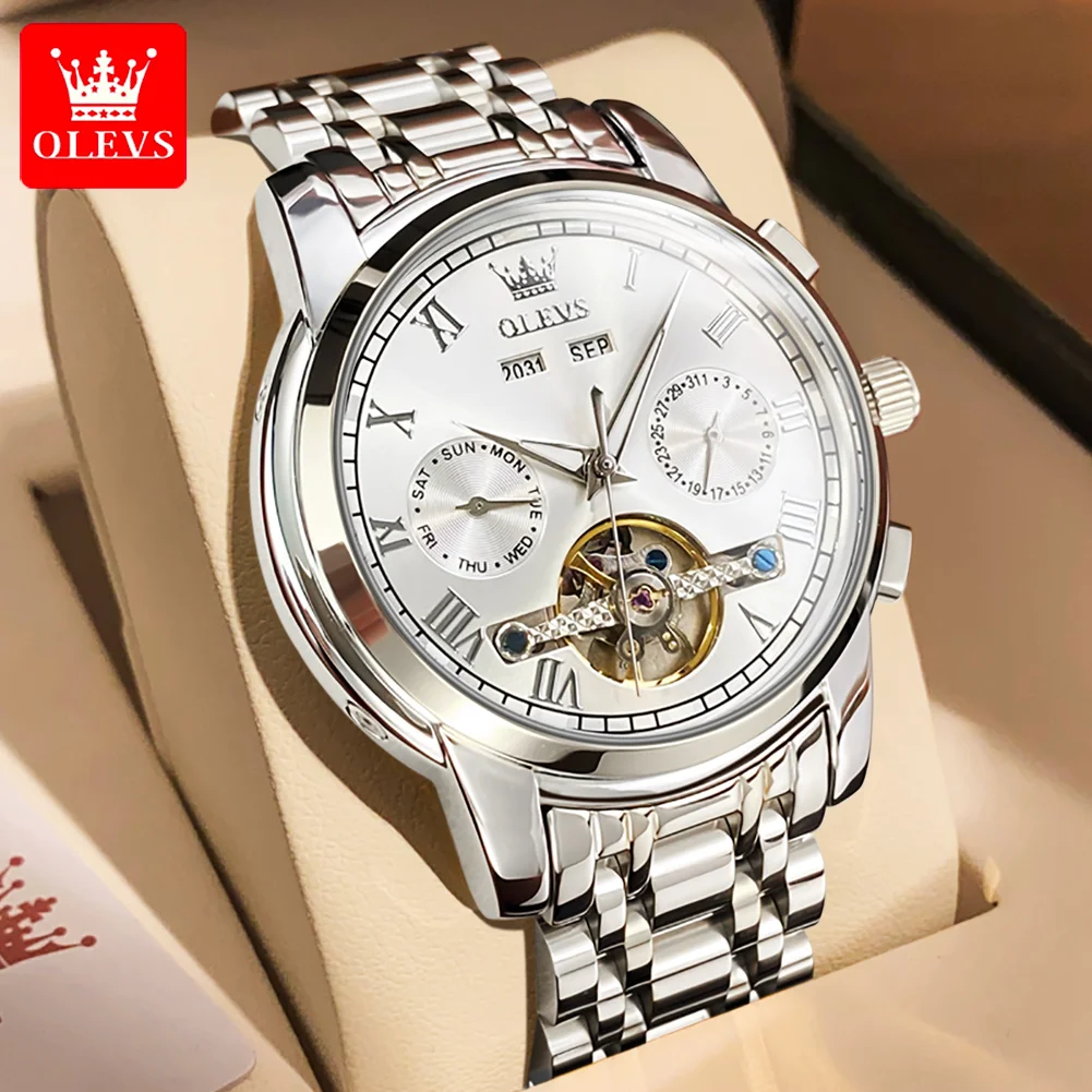 

OLEVS 6607 Classic Men's Watch Day Date Skeleton Flywheel Waterproof Stainless Steel Automatic Mechanical Wristwatch for Men