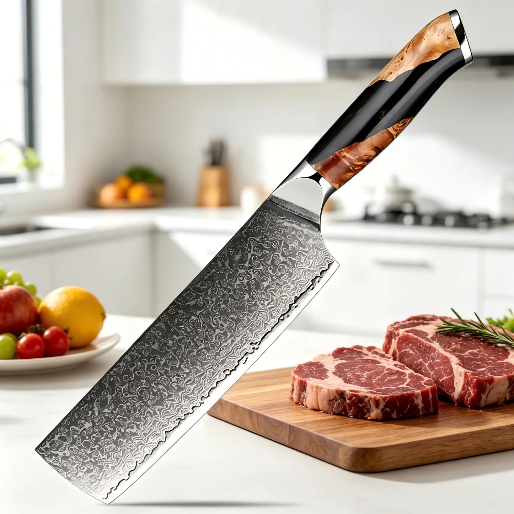 Cuchillo Nakiri Japonés XITUO de 7 Pulgadas, Acero Damasco Afilado, Cuchillo de Cocina para Verduras y Carne, Mango de Madera Estabilizada con Resina Negra