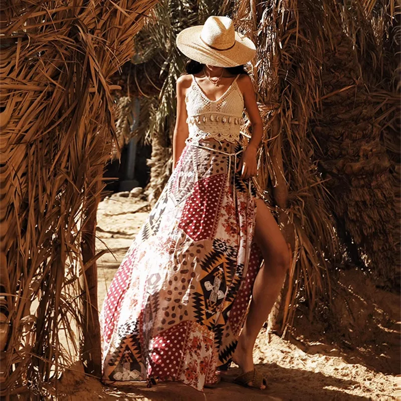 66-74cm Waist Summer Skirt Women Holiday Long Skirt Bohemian Vacation Style Printed Sexy Side Slit Multi Piece Patchwork Skirt