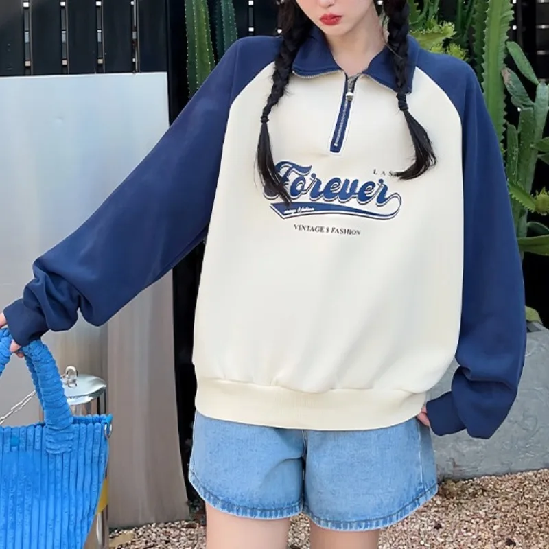 Autumn and Winter Women's Standing Neck Zipper Pullover Colorblock Printed Sweater Casual Sports Fashion Long Sleeve Tshirt Tops