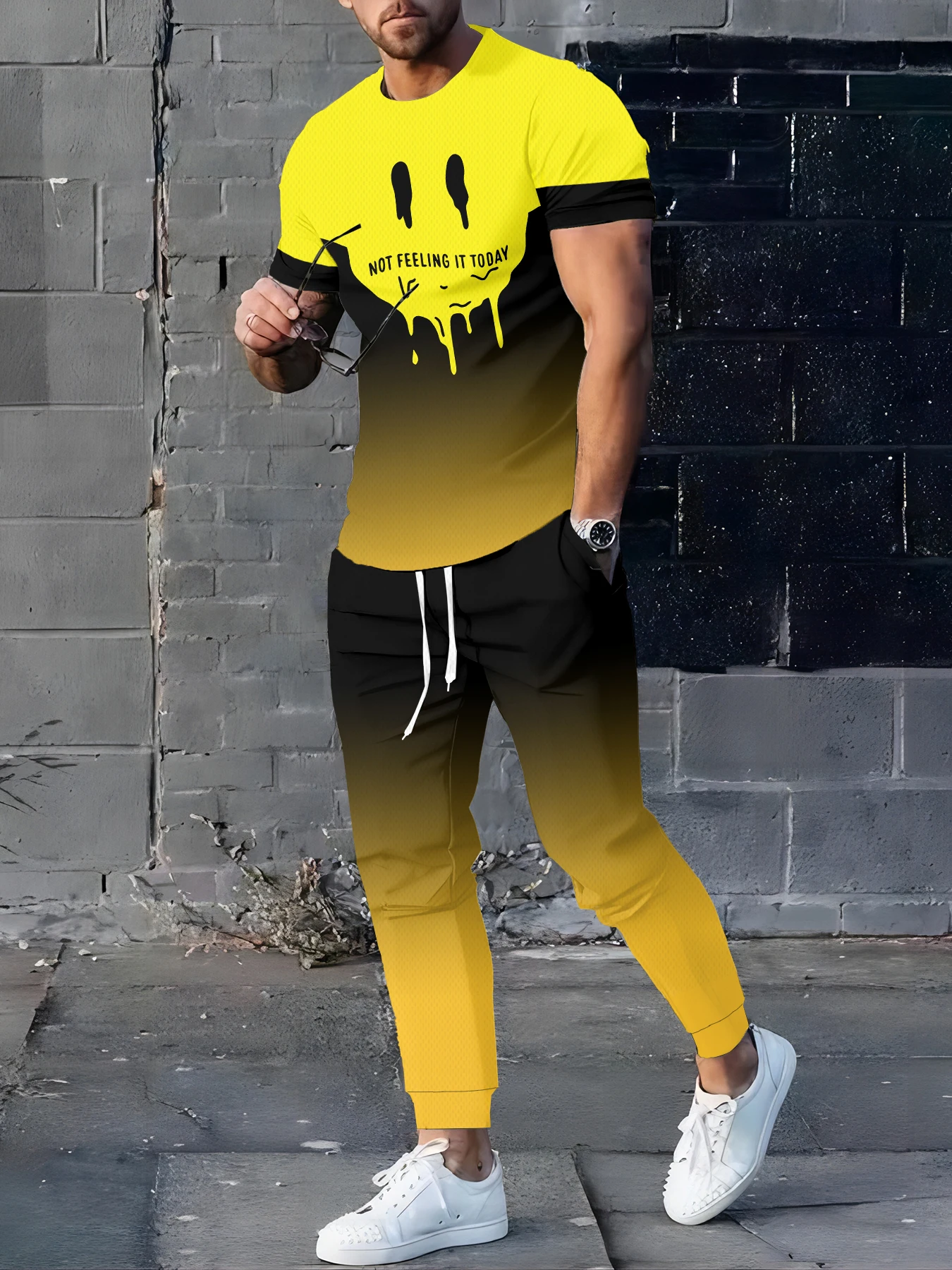 Traje de Verano 2026 para Hombre con Estampado de Cara Feliz, Transpirable, Ligero, Informal y Moderno, Ropa de Hombre para Exteriores
