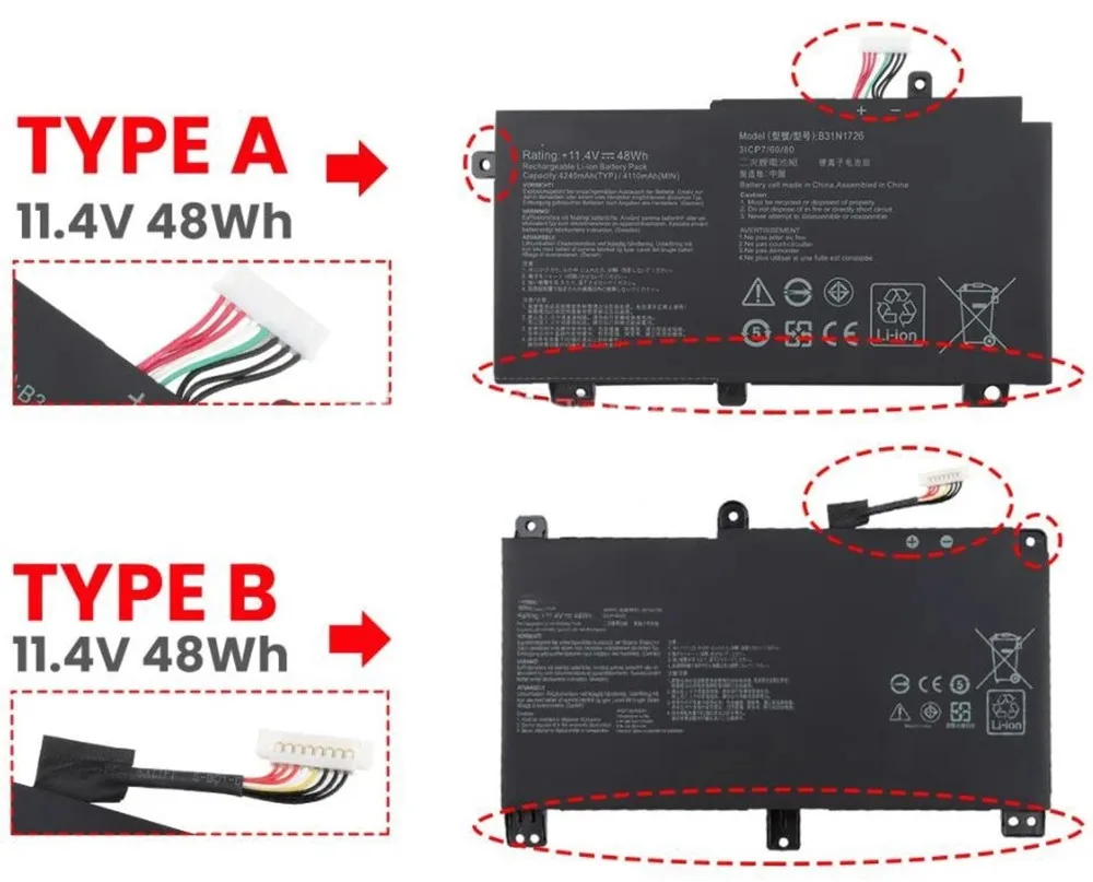 Imagem -03 - Bateria do Portátil para Asus B31n1726 3icp7 60 80 11.4v 48wh Fx80 Fx80gg Fx86 Fx86fm Fx86fe Fx504 Fx505 B31n1726