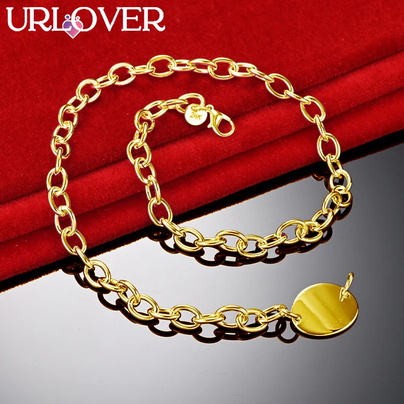 

URLOVER 24K Gold Necklace For Woman Oval Card Chain Necklaces Lady Fashion Party Wedding Engagement Jewelry Cute Birthday Gifts