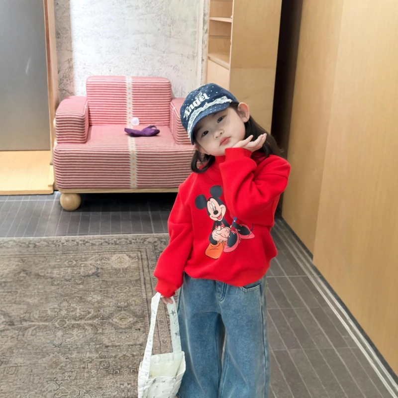 

2025 Mickey Girls Fleece Hoodie, Korean Semi-High Neck Pullover for Kids Casual Loose Top