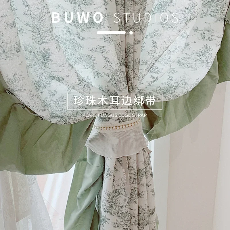 

French Matcha Lace Retro Printed Cotton and Linen Bay Window Palace Style Fresh Curtains for Living Dining Room Bedroom