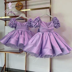 Purple Beaded Flower Girl Dress For Wedding Satin Knee Length Puffy With Bow Kids Birthday Baby First Communion Ball Gowns