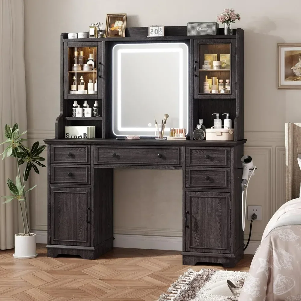 Vanity Desk with Mirror and Lights, Makeup Table Set with RGB Cabinets, 5 Drawers and 6 Storage Shelves Dressing Table