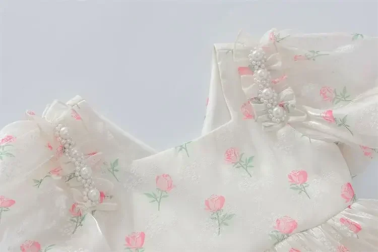 Sommer Mädchen 1–8 Jahre Blumenrosen Prinzessin Kleid Spitze abgestufte Schleife hinten Perlenakzent knielang Party Geburtstagsfeier – Detail 23