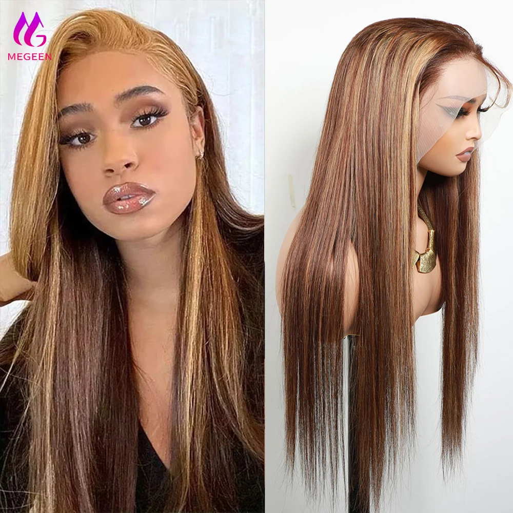 شعر مستعار من Megeen-Honey أشقر دانتيل أمامي ، لون ساطع ، شعر بشري مستقيم ، انتزع مسبقًا ، شعر بشري ، 13 × 4 ، P4 ، 27