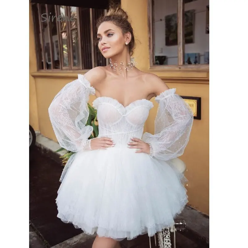 

Elegant Short Sweetheart Wedding Dresses 2024 Mini Beach Backless Bridal Gowns Tulle Removable Long Puff Sleeve Vestido De Noiva