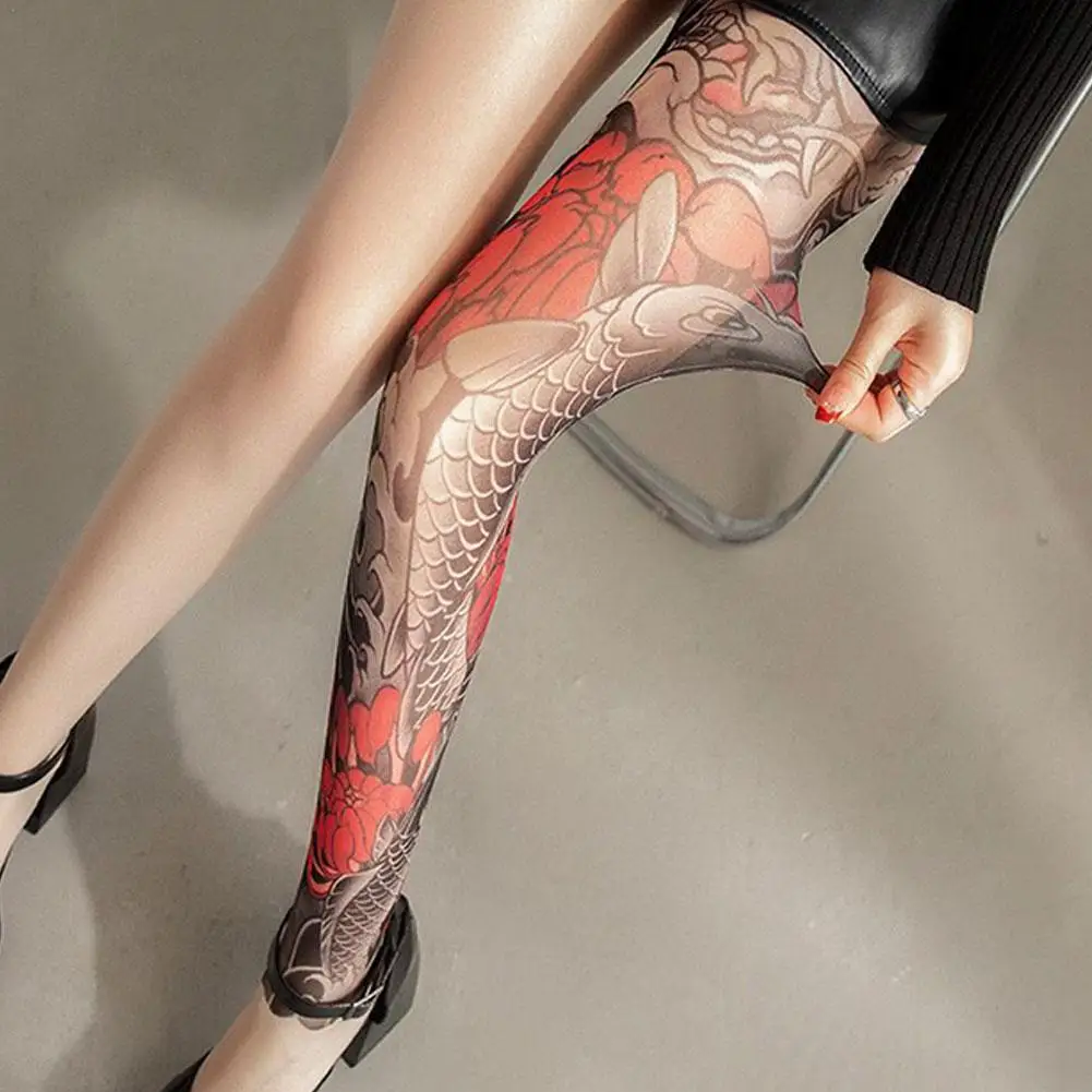

Women's Sexy Printed Tights Fake Tattoo Peony Pantyhose Female Perspective Mesh Leggings High Pantyhose Female Stockings