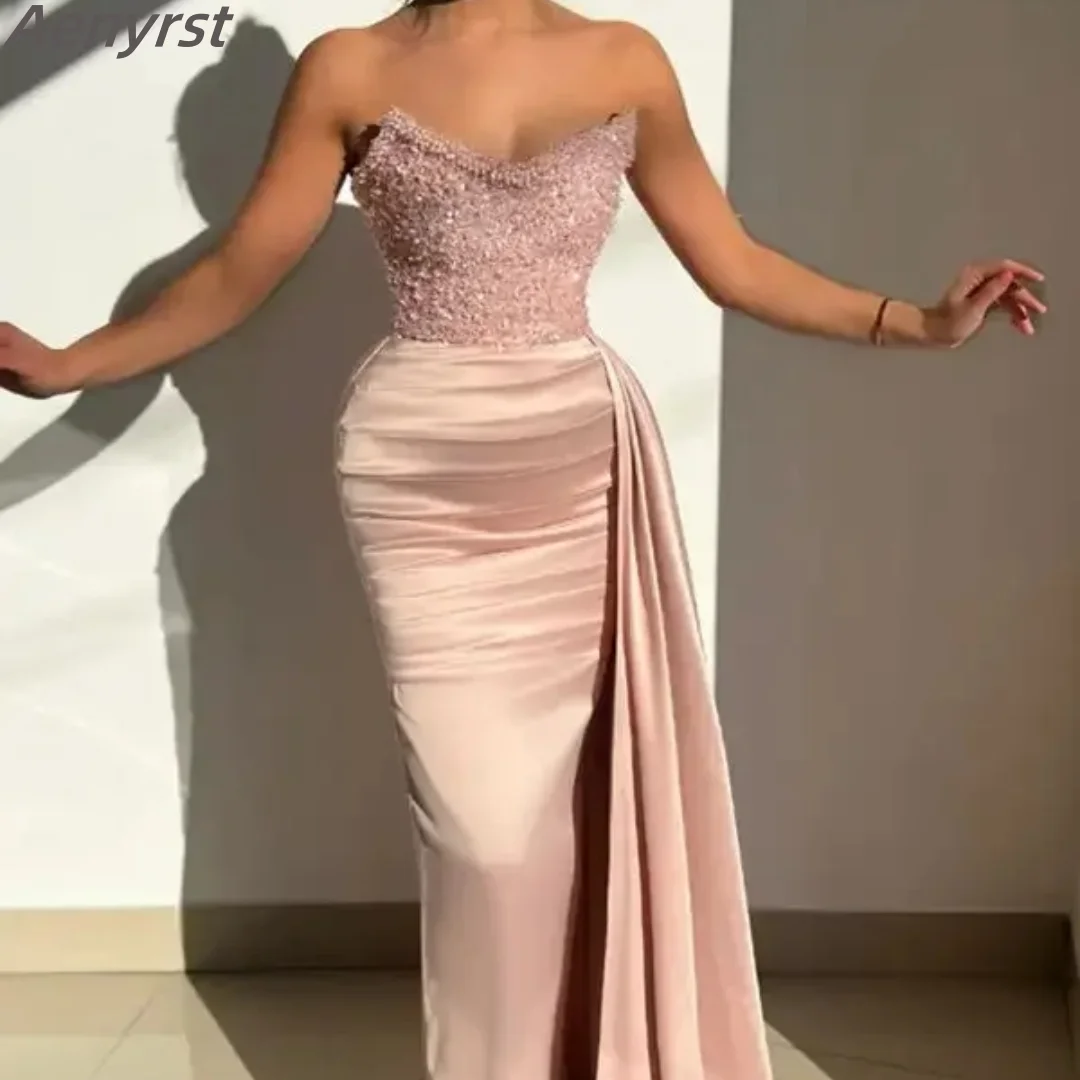 Luxury Evening Dresses Beads Sequined Mermaid Long Prom Gown Satin Strapless Bridemaid Gowns Dubai Plus Size Wedding Party Dress