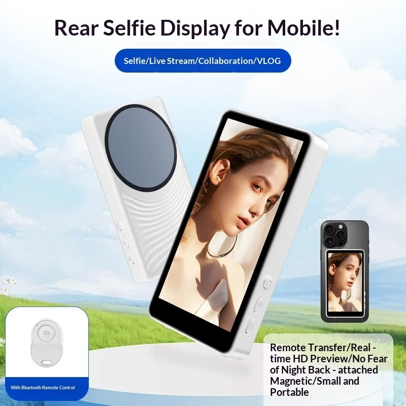 Magnetic Wireless Charging Self-View Screen Phone Rear Camera Selfie Mirror Portable Viewer for Vlog Live Streaming Gift Display