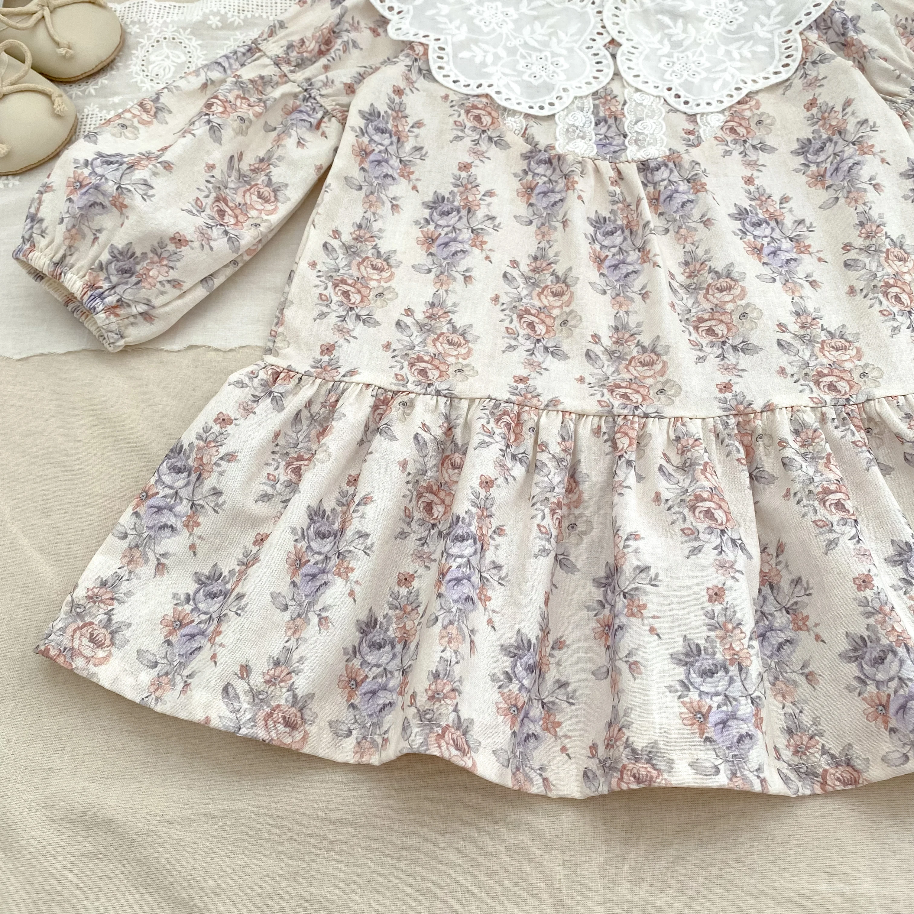 Herbst Blume Französisch Kontrast Revers Stil Mädchen Kleid Frühling Baby Kinder Lange Ärmeln Reine Baumwolle Spitze Süße Prinzessin Kleid – Detail 6