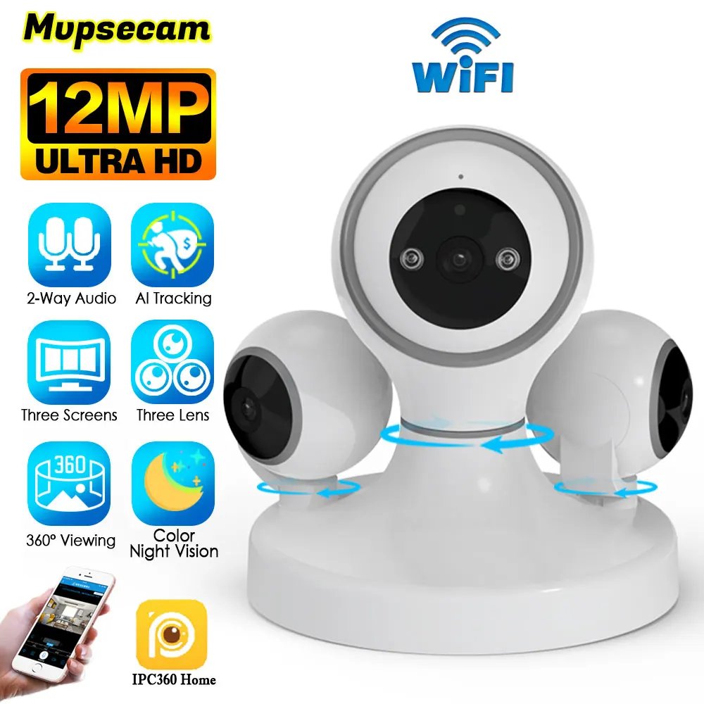 Smart Home 12MP WIFI Surveillance Camera With Three Lens PTZ Indoor 360 Wireless CCTV Video Security IP Cameras Motion Detection