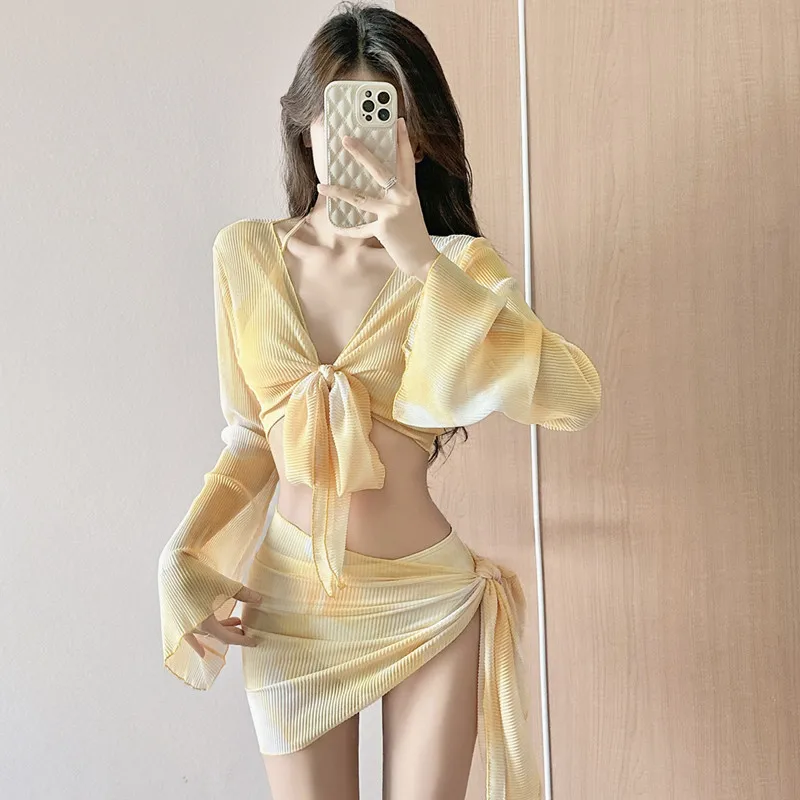 Women Two Piece Swimsuit Set Sexy Push Up Bikini with Sheer Cover Up Top Korean Style Beachwear Bathing Suit for Female Holiday - view 6