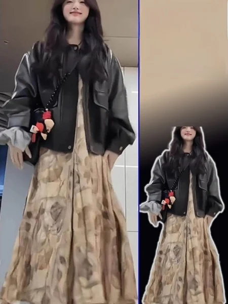 

Комплект из двух предметов: винтажная кожаная куртка с коричневым воротником и принтованный сарафан с V-образным вырезом, большие размеры, женский модный ансамбль