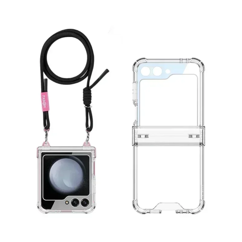 Airbag Anti Fall Shoulder Strap Lanyard Shell For Samsung Galaxy Z Flip 6/5/4/3 Case Rotating Shaft Transparent Z Flip6 Cover