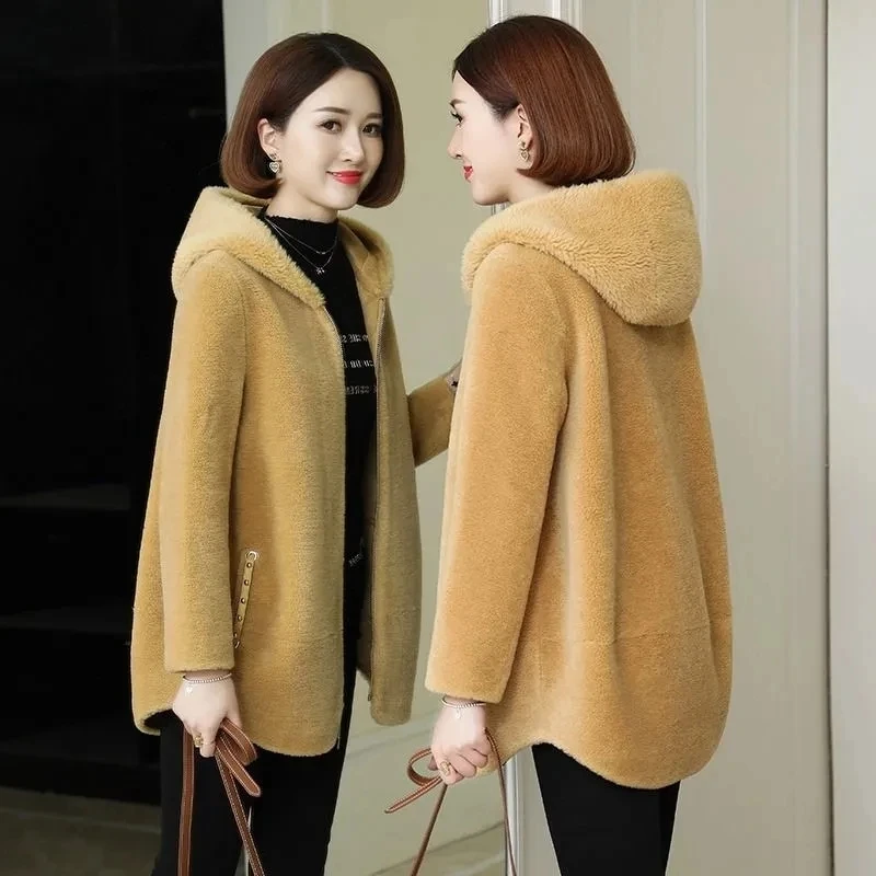 2023 New Winter Faux Fur zipper Hooded Jacket Women Thicken Warm Parkas Ladies Lamb Wool Outwear Korean Sheep Shearing Coats