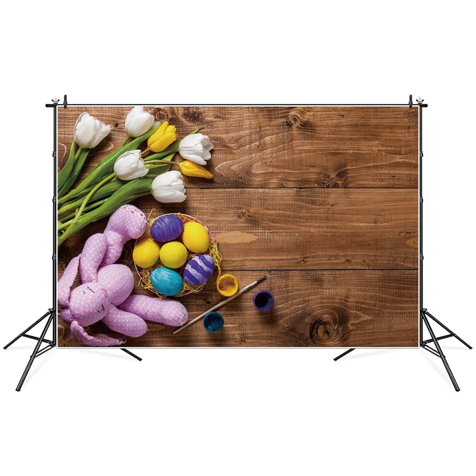 

Spring Easter Eggs Flowers Photography Backdrops Wooden Board Toy Bunny Rabbit Planks Personalized Children Photo Backgrounds