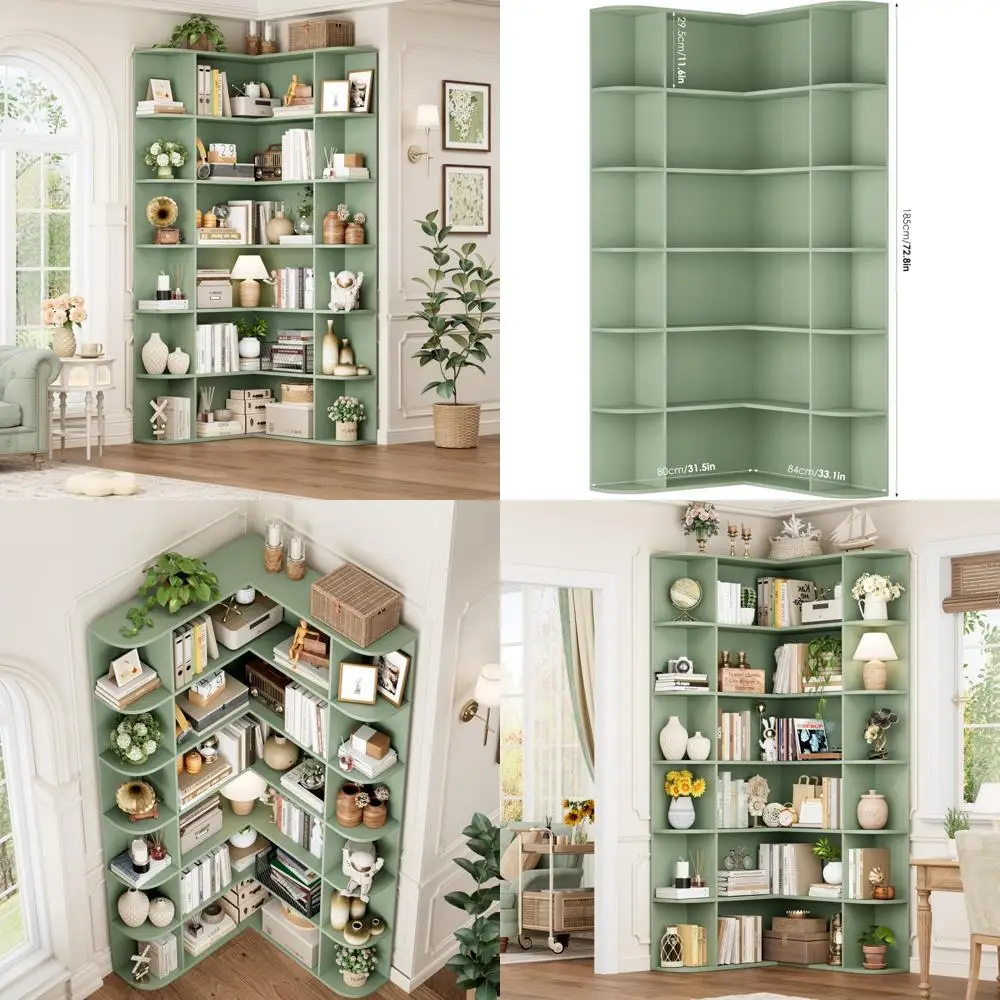 رف كتب زاوية طويل القامة مكون من 6 طبقات، أرفف خشبية مفتوحة للتخزين للمنزل، 74 خزانة كتب عالية مع مساحة تخزين واسعة #1