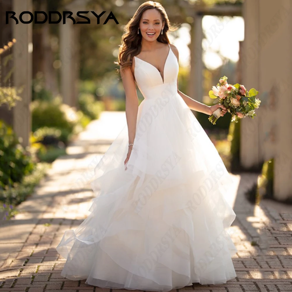 RODDRSYA-vestidos De novia con tirantes finos, tul De encaje, Espalda descubierta, línea A, cuello en V, satén, playa, fiesta De noviavestidos De novia con tirantes finos, tul De encaje, Espalda descubierta, línea A, c