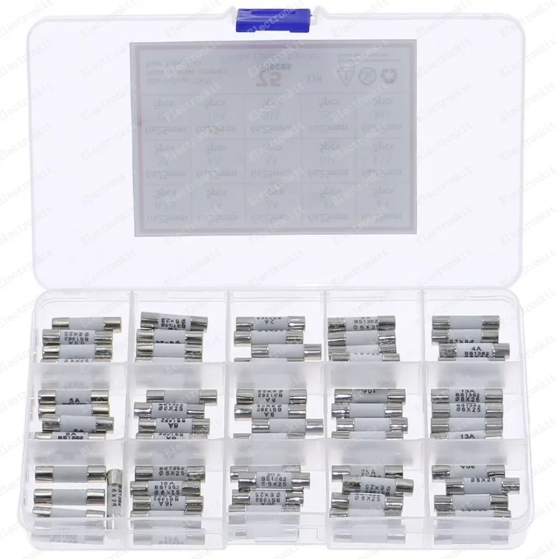 75pcs 6mm x 25mm 250V Fast Blow Ceramic Fuse Assortment Kit Box 0.5A 1A 2A 3A 4A 5A 6A 8A 8A 10A 13A 15A 16A 20A 25A 30A