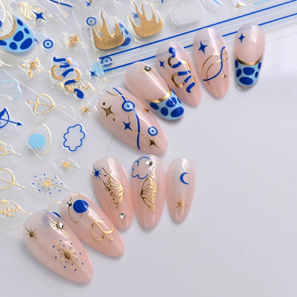 1 hoja de pegatinas 3D para uñas de estrella mal de ojo, pegatinas autoadhesivas para uñas de serpiente y estrella dorada azul, suministros para uñas de diseño francés de Halloween para verano