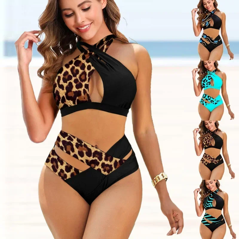

New Trend Low Waist Bikini Women's Fashion Backless Halter Swimsuit Floral Print Swimsuit Women's Tankini Set S-5XL