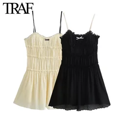 TRAF Women Fashion Summer Layered Splicing Bow Texture Sleeveless Sexy Sling Backless A-line Mini Dress Chic Female Evening