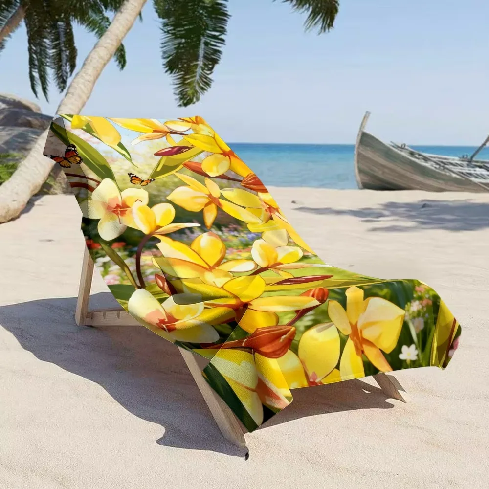 Fresh Summer Beach Towel, Bright Yellow Plumeria with Butterflies Print Bath Towel, Lush Tropical Beach Blanket 1pcs