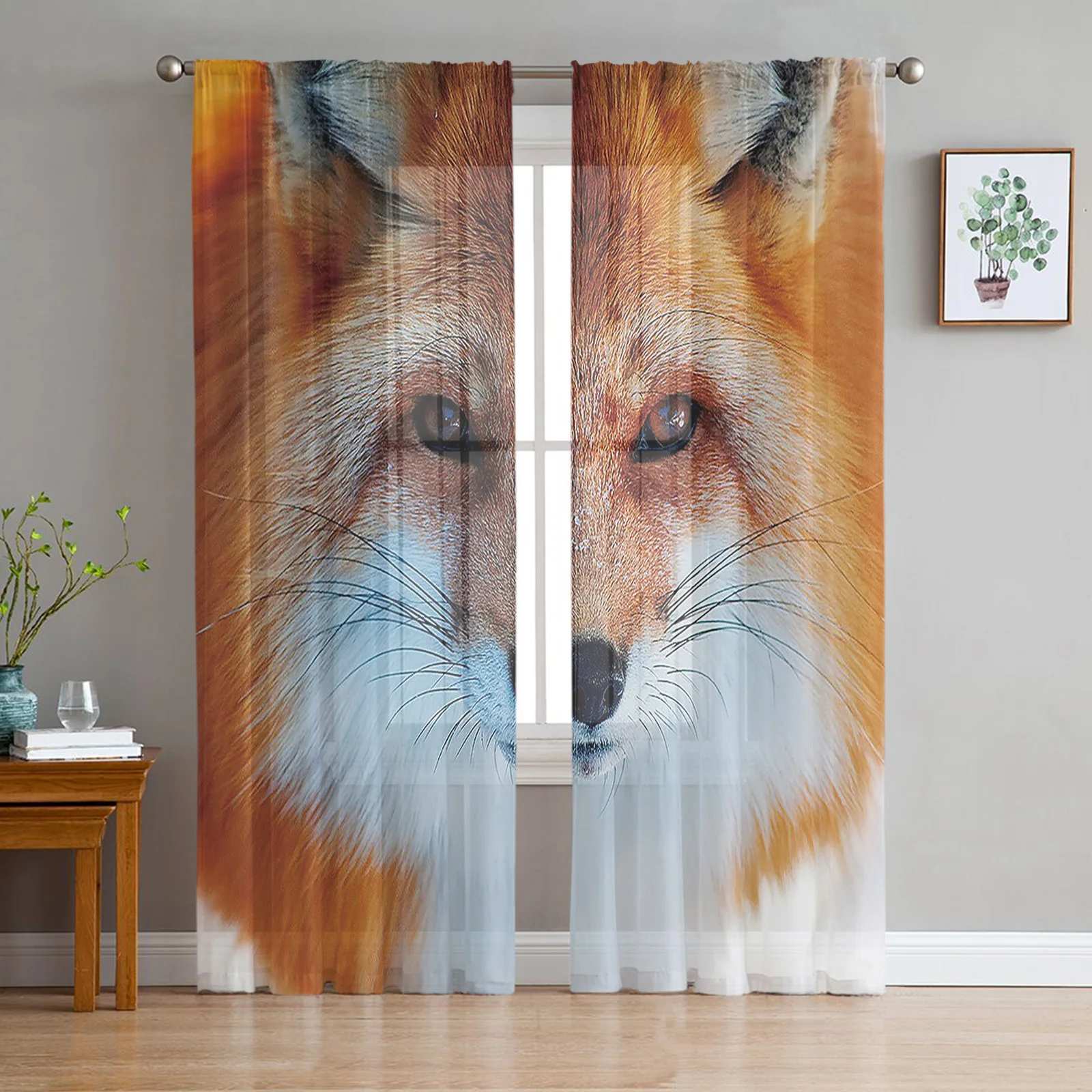 Fox On Snow Orange Closeup Living Room Drapes Curtains for Bedroom Home Kitchen Hotel Tulle Curtains Textile Window Treatment