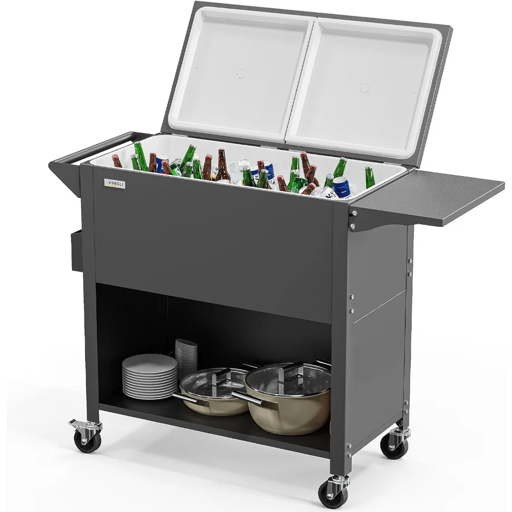 80qt Rolling Ice Chest on Wheels, Patio Party Bar Drink Cooler Cart, with Shelf, Beverage Pool with Bottle Opener,Water Pipe