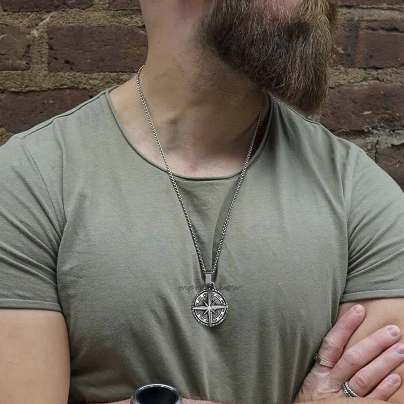 North Star Men Necklace ,Stainless Steel Compass Pendant,Mens Jewelry, Coin Form Handmade Necklace