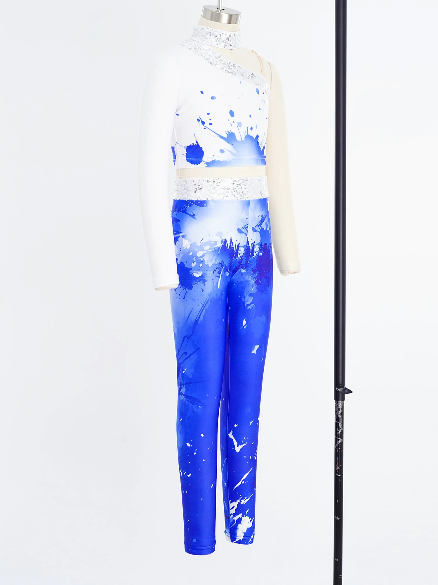 十代の女の子のバレエダンスセットスタイリッシュなプリント体操フィギュアスケート衣装光沢のあるスパンコールワンスリーブクロップトップとレギンススーツ