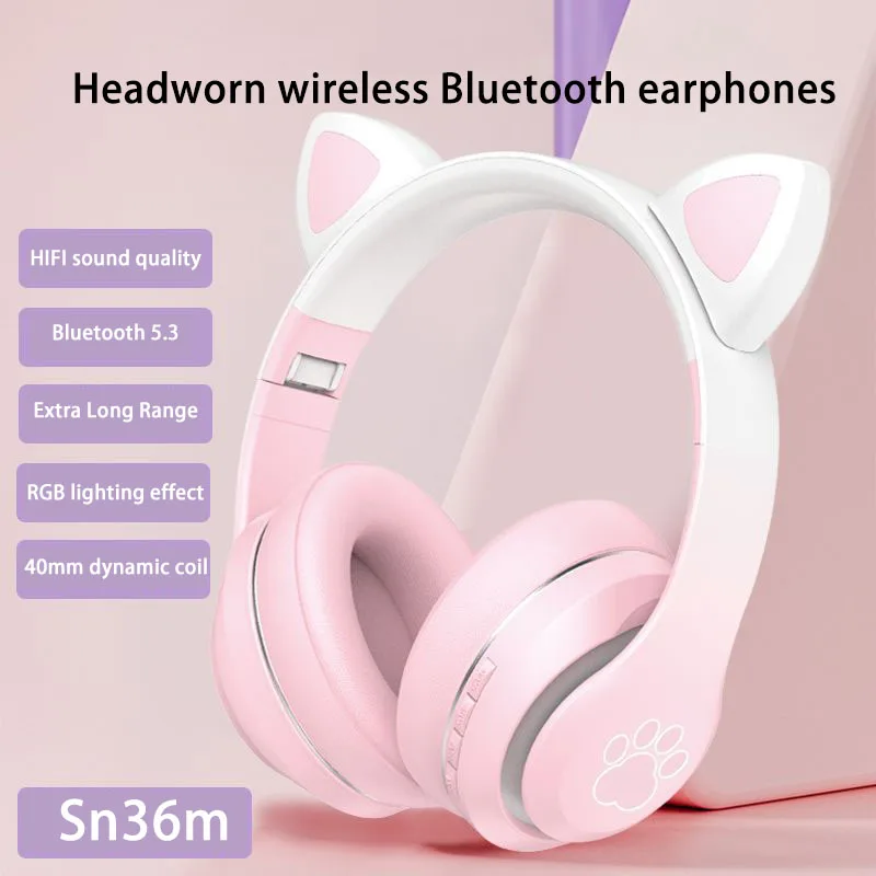 

Headworn Bluetooth earphones with wireless luminous gradient cat ear macaron color scheme