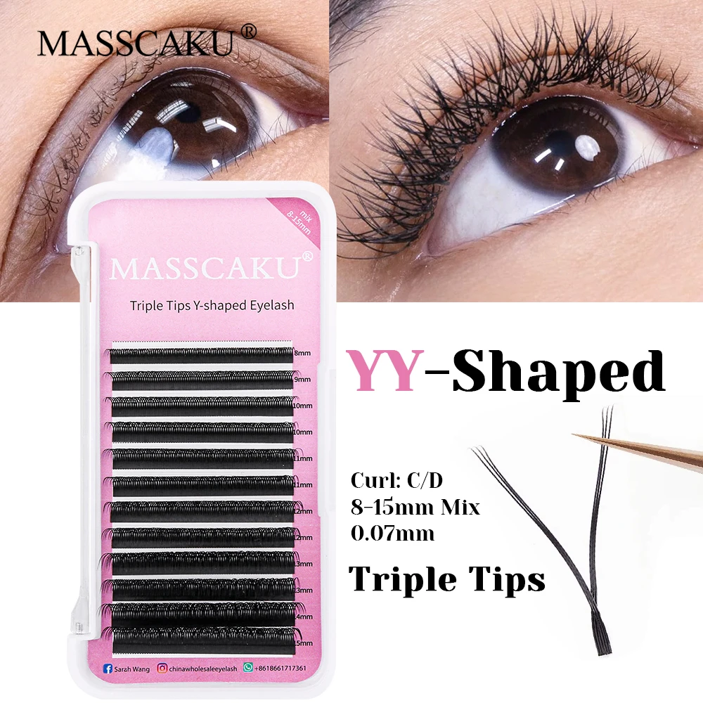 MASSCAKU 0.05/0.07mm Thickness Matte Black Hand-woven Y Style Eyelash 3D Effect Multi-texture Double Split Tips Lashes in Stock