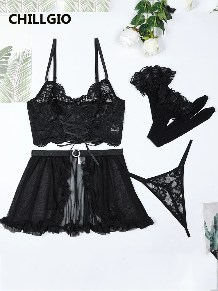 

CHILLGIO Women Lace Push Up Bra Set Fasion Lace Up Strappy Erotic Lingerie Sexy Mesh Skirt Thong Stockings Sheer Sleepwear Suits