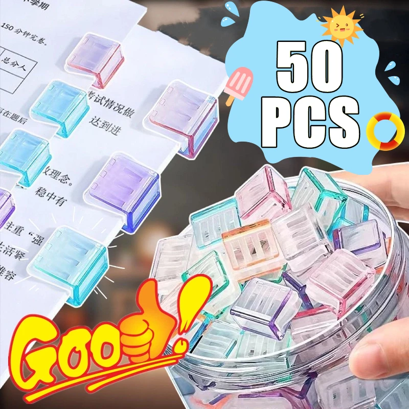 Nuevo 50-5 uds. Empujador de clip de papel de Color caramelo, Clip de almacenamiento de archivos de papel de prueba transparente, marcapáginas, suministros escolares y de oficina para estudiantes