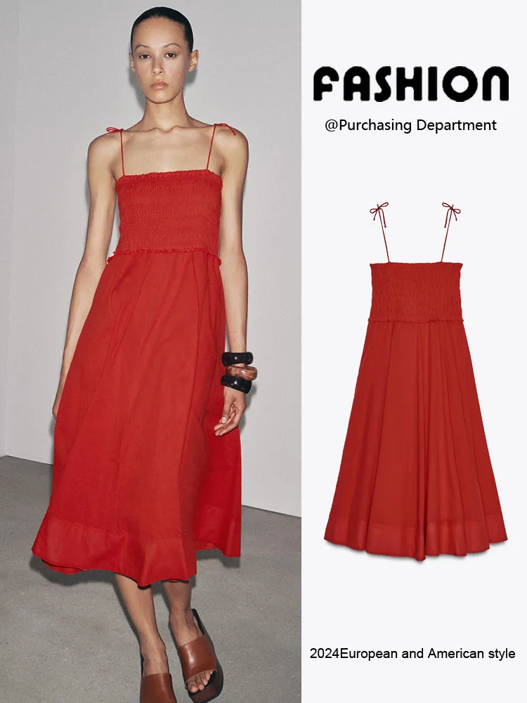 Summer New Arrival Women's Midi Dr with  Knot 2025 High Waist mid Length Gown for Par Pure Color No Sve