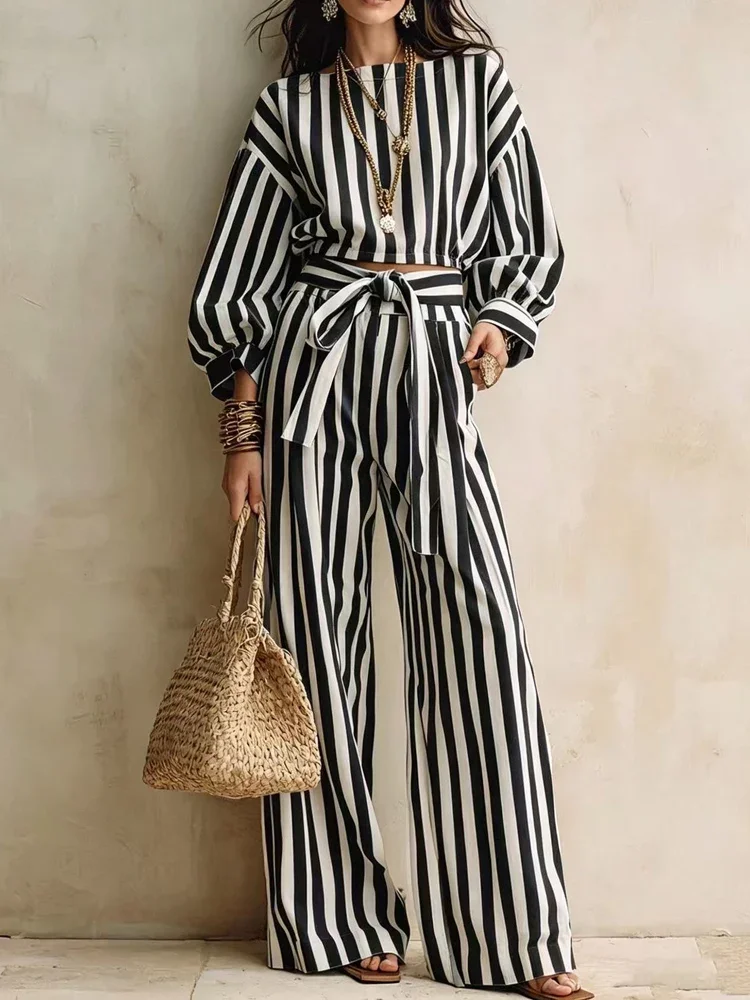 Casual Long Sleeved Loose 2Pc Suit Elegant O-neck Button Shirts & Lace-Up Pant Outfits Fashion Striped Print Wide Leg Pant Sets
