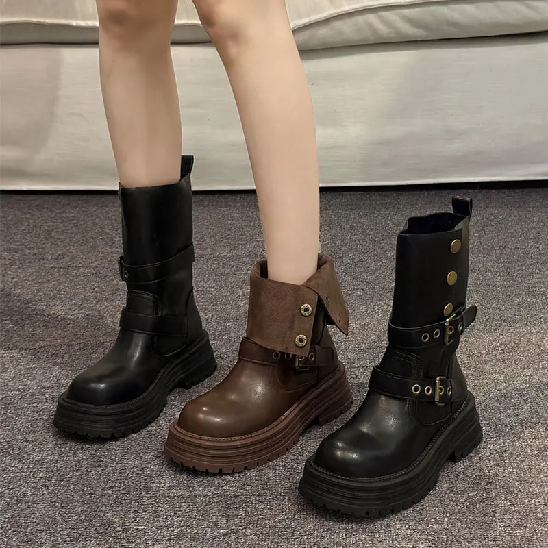 2026 Autumn Winter Women Vintage Knee High Knight Boots Belt Buckle Platform Ladies Boots Slip‑On Long Booties Zapatos De Mujer