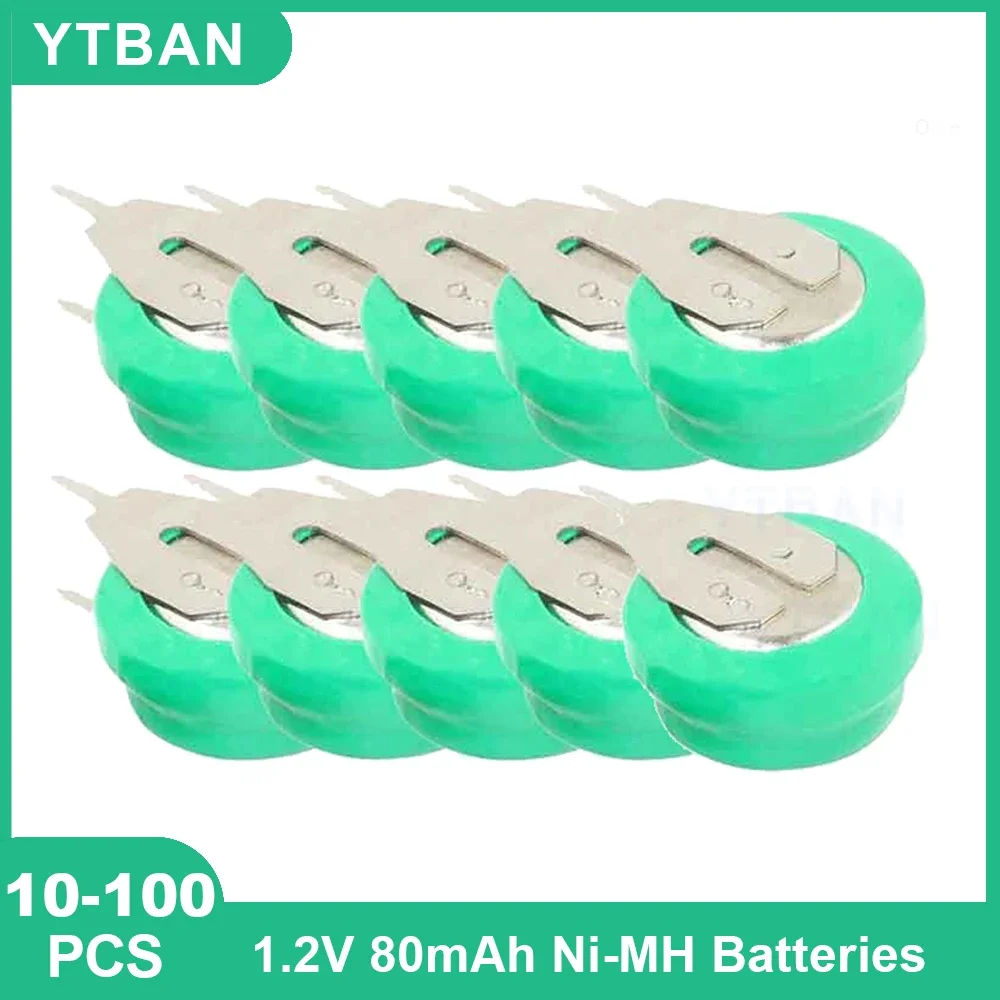 10-100 PCS Ni-MH Rechargeable Batteries with Solder Pins - 1.2V 80mAh Coin Cell Battery for Electric Toys