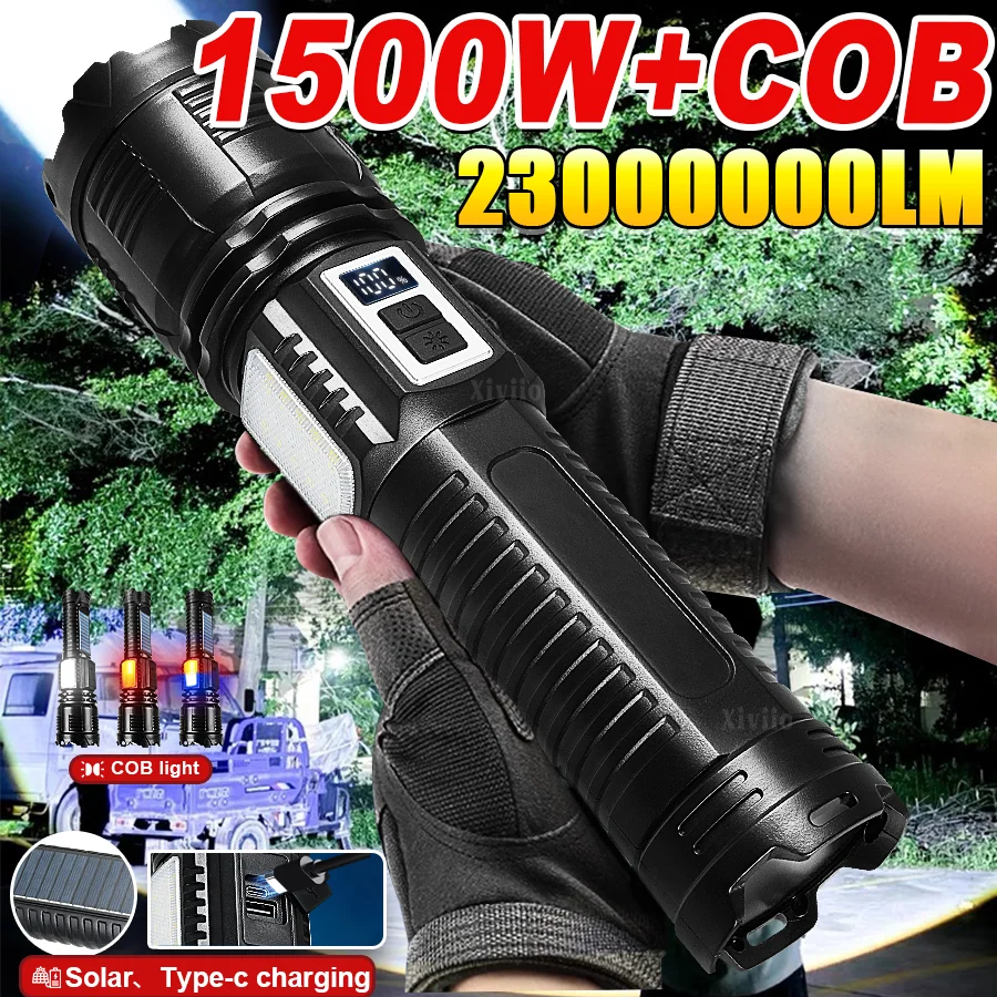 

2025 1500 Вт супер большой фонарик 15000 мАч аккумуляторная лампа солнечная зарядка самый сильный светодиодный фонарик дальнего действия солнечный зум