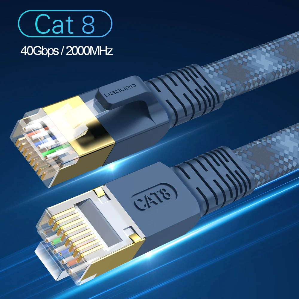 CAT 8 platte netwerkinternetkabel 40 Gbps 2000 MHz ronde RJ45 nylon gevlochten LAN-kabel patchsnoer voor modem router pc PS4/5/6 Xbox
