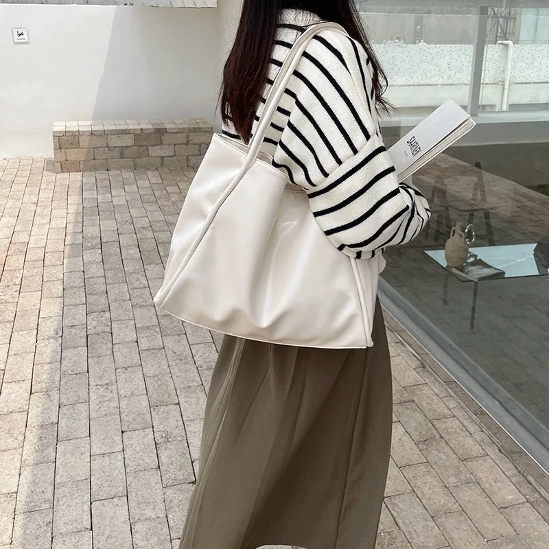 

New Women's Large Soft Smooth Casual Outdoor Purse Handbag Retro Solid Color Underarm Bag Girl Female Shoulder Bag