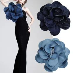 15cm Handmade Fabric Denim Flower Brooch Pins for Women Luxury Corsage Wedding Party Badge Clothing Accessories Decoration