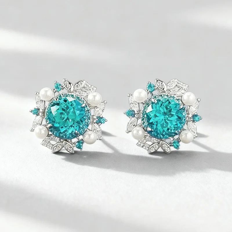 

925 Sterling Silver Round Cut 1 CT Paraiba Tourmaline High Carbon Diamond Gemstone Ear Studs Earrings Fine Jewelry