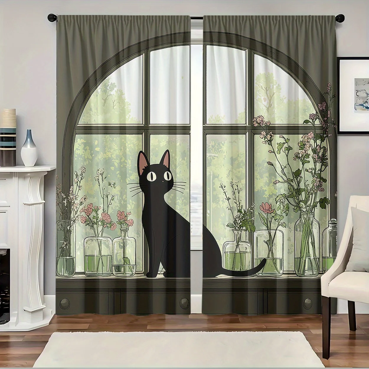 2pc chic black cat by window curtain with floral vases and green view for living room decor cozy anime style Without curtain rod