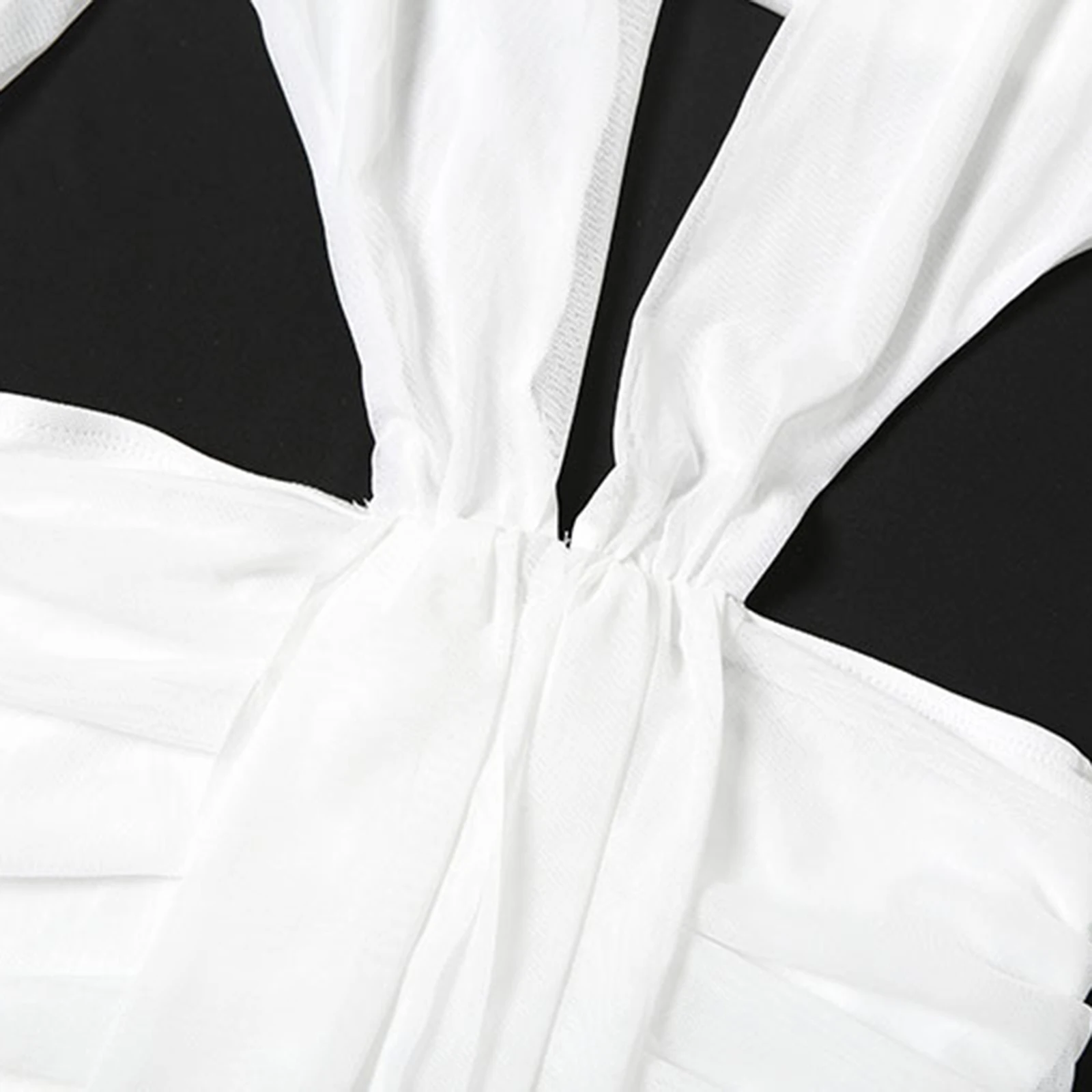 Langes Sommerkleid mit Falten für Damen, einfarbig, durchsichtig, langärmelig, tiefer V-Ausschnitt, gerüscht, rückenfrei